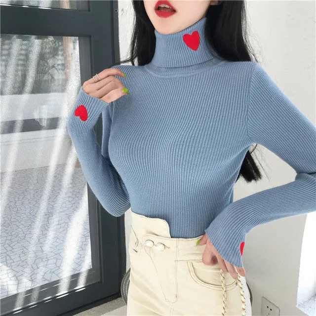 Kawaii Turtleneck Heart Embroidered Sweater