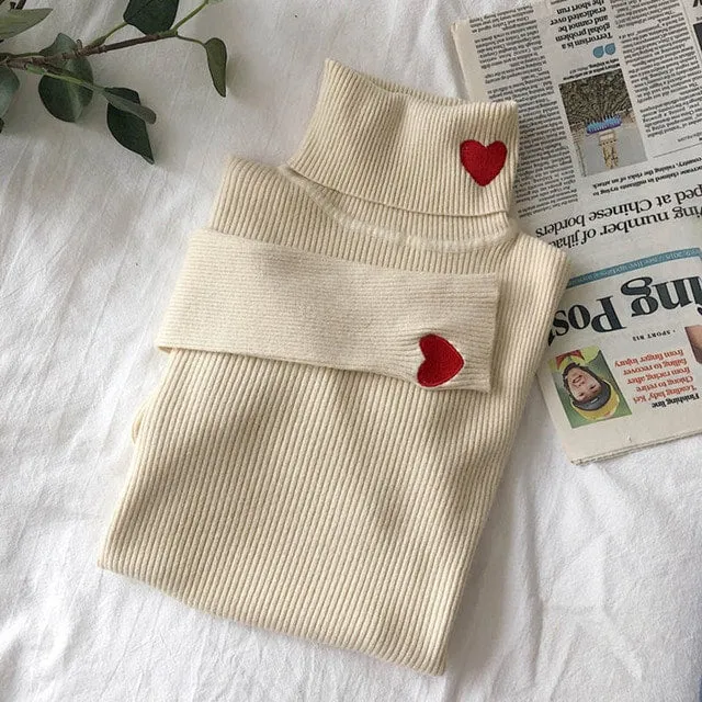 Kawaii Turtleneck Heart Embroidered Sweater
