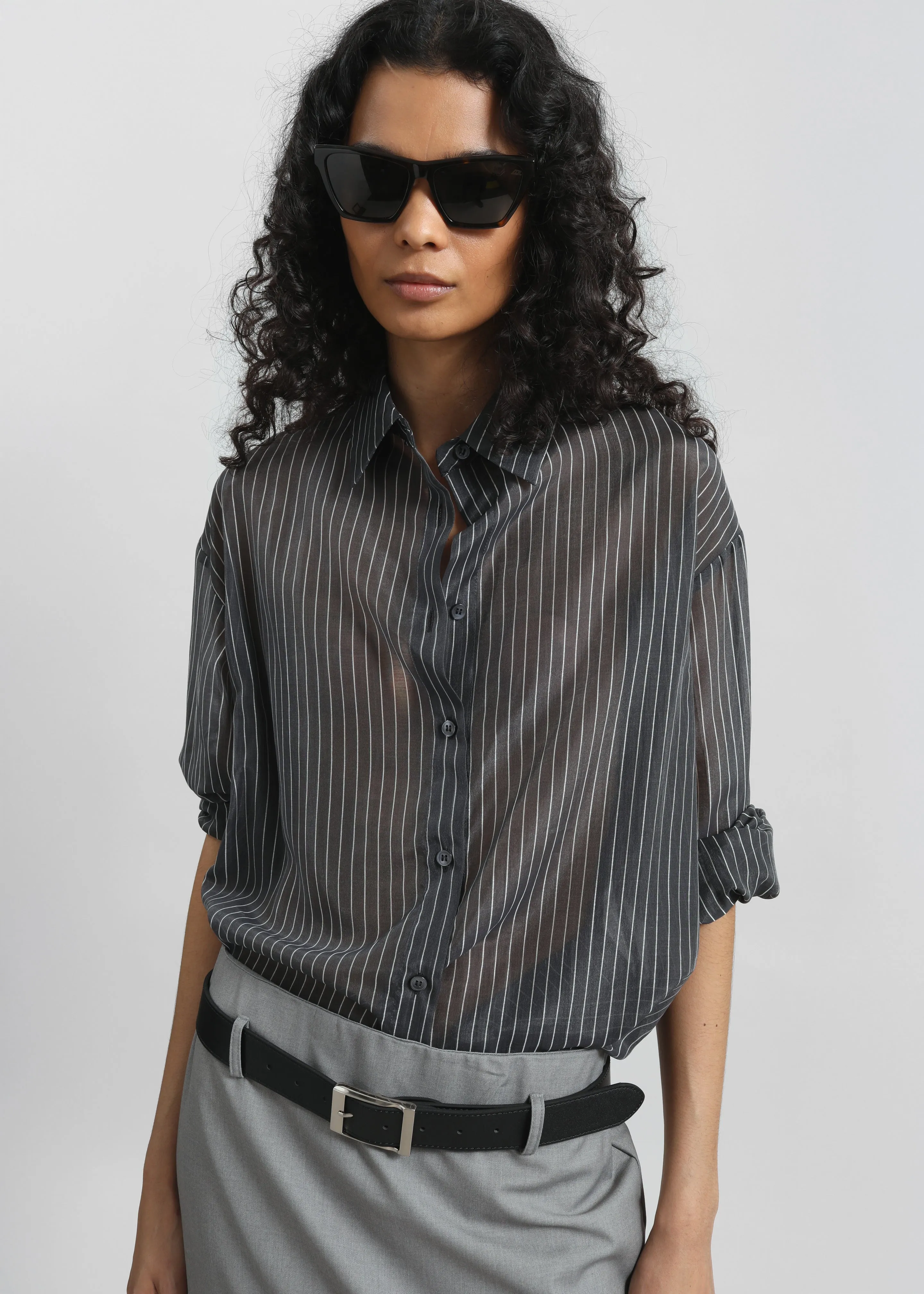 Kesin Open Back Shirt - Grey/White Stripe