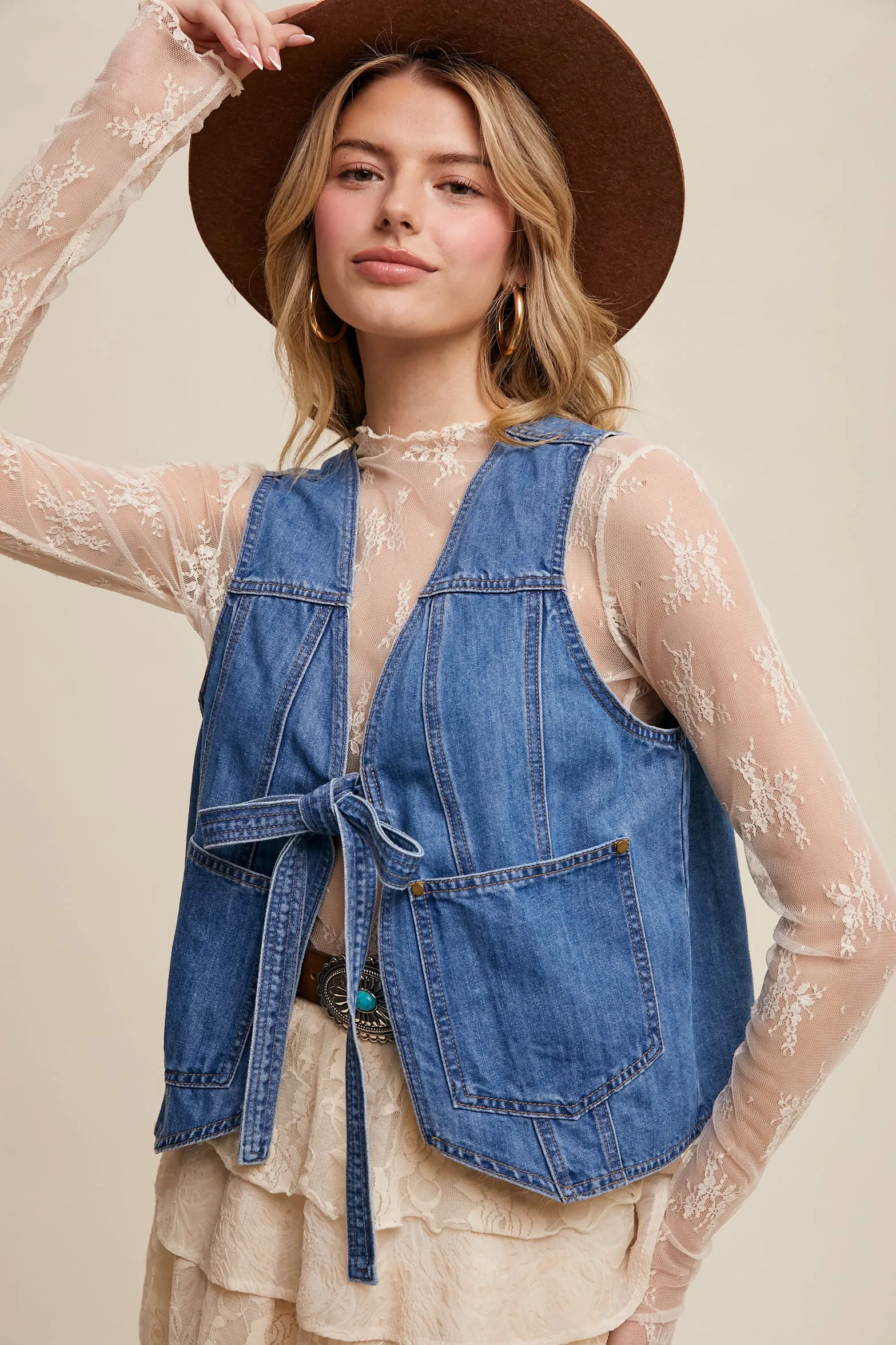 Ladies Listicle Denim Tie-Front Vest - LVT006