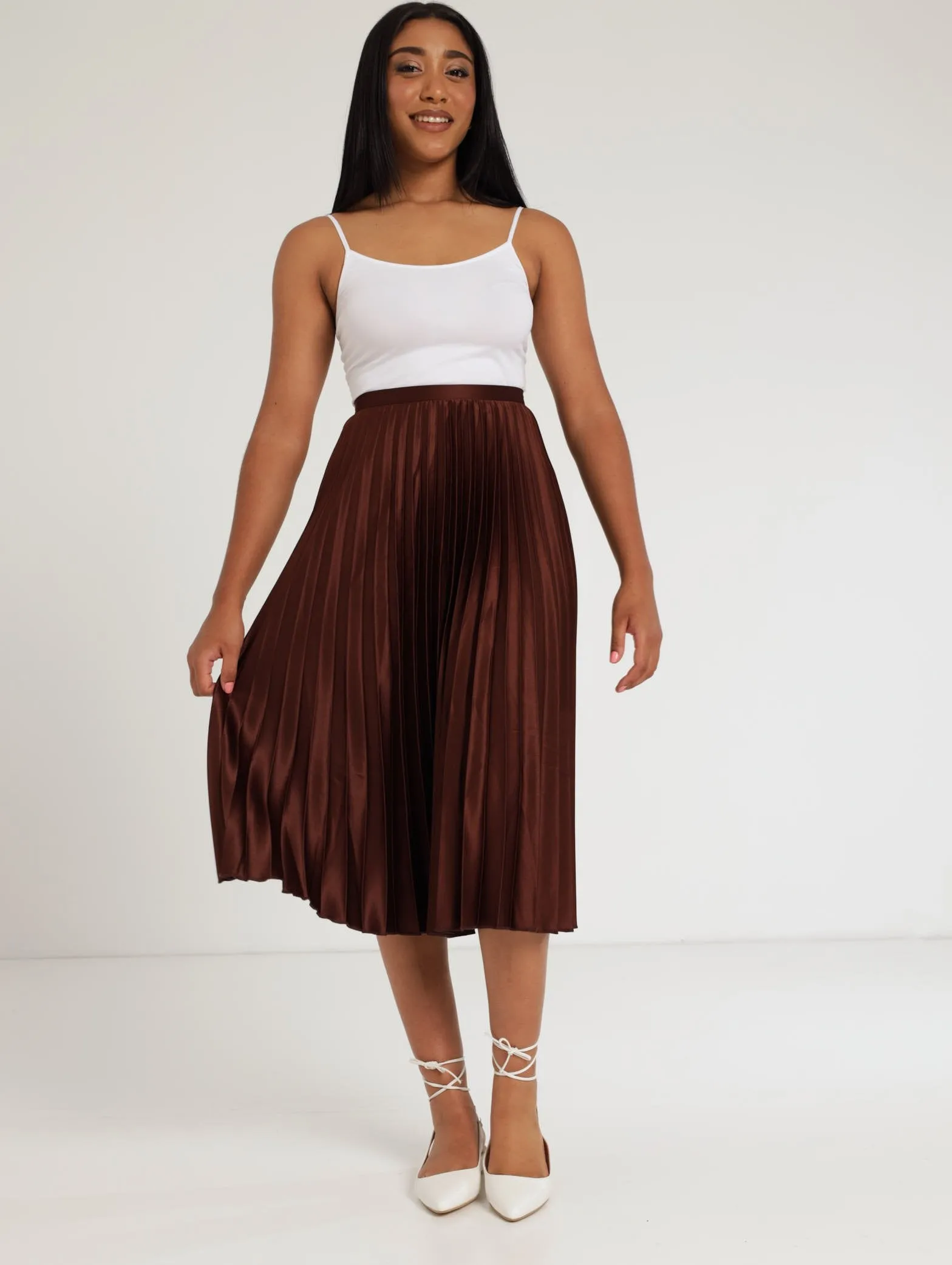 Ladies Pleated Midi Skirt - Brown