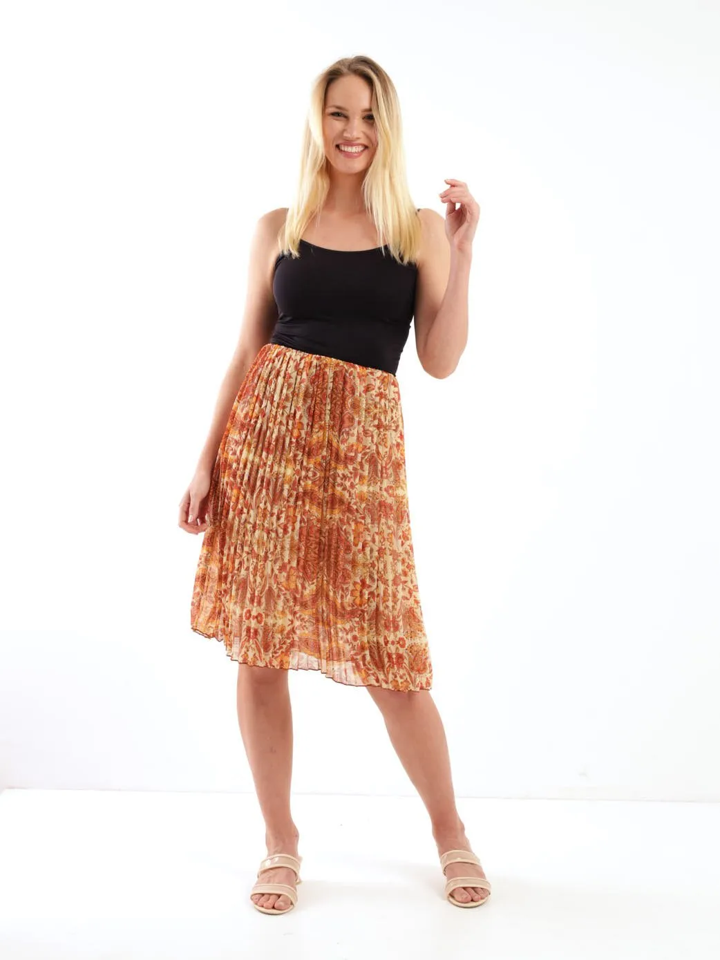 Ladies Pleated Patchwork Striped Skirt - Orange