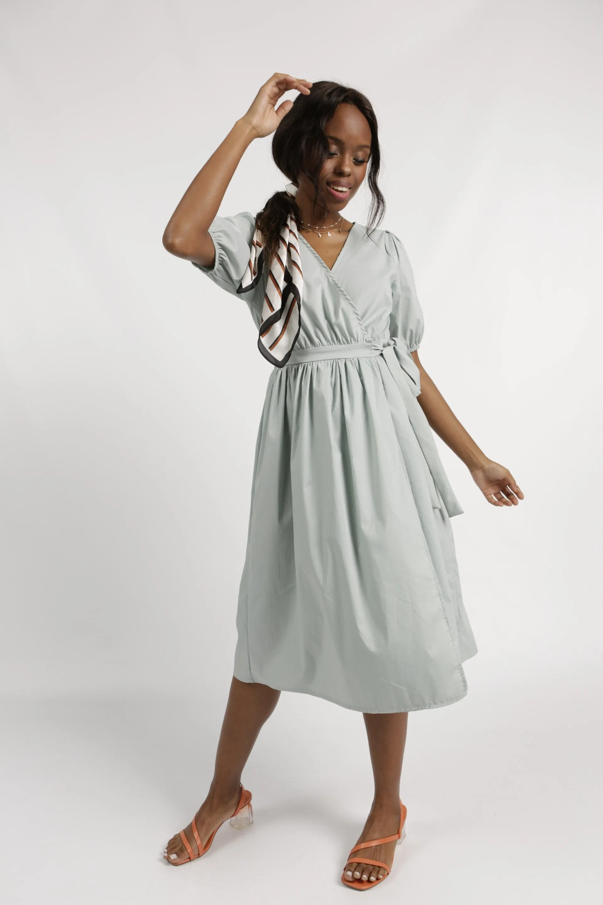 Ladies Wrap Puff Sleeve 50S Tea Dress - Duck Egg