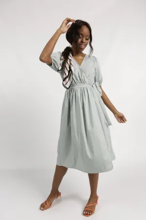 Ladies Wrap Puff Sleeve 50S Tea Dress - Duck Egg