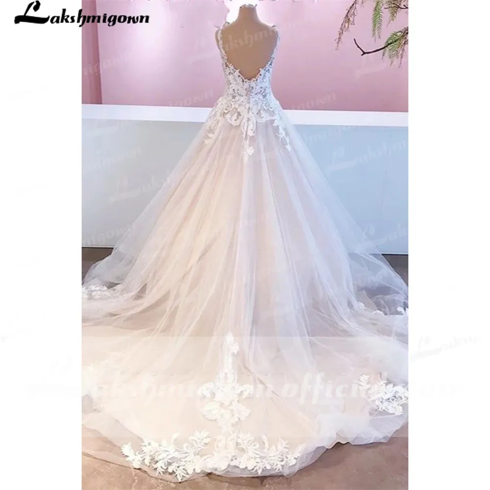 Lakshmigown Lace Appliques Sleeveless Wedding Dresses V Neck Backless Ball Gown Court Train robe de mariée bohème
