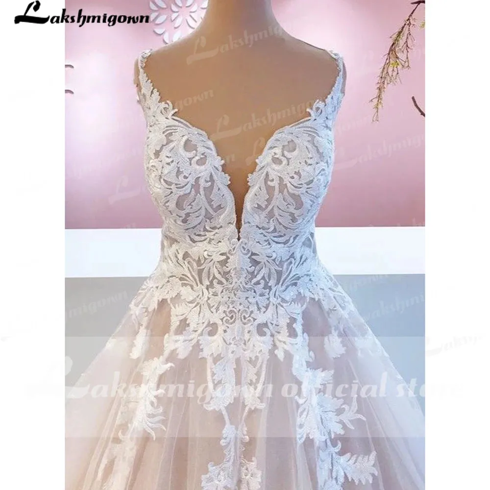 Lakshmigown Lace Appliques Sleeveless Wedding Dresses V Neck Backless Ball Gown Court Train robe de mariée bohème