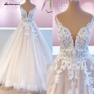 Lakshmigown Lace Appliques Sleeveless Wedding Dresses V Neck Backless Ball Gown Court Train robe de mariée bohème