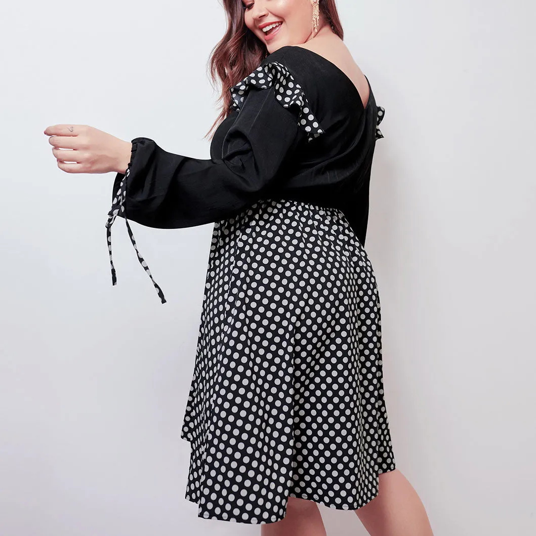 Large Size Women's New Wave Stitching Large Swing Skirt Front and Rear V-neck Bubble Long Sleeve Dress