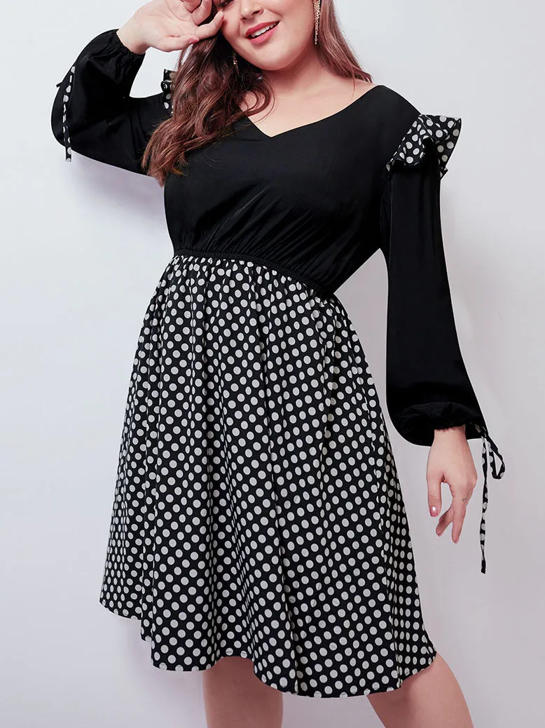 Large Size Women's New Wave Stitching Large Swing Skirt Front and Rear V-neck Bubble Long Sleeve Dress