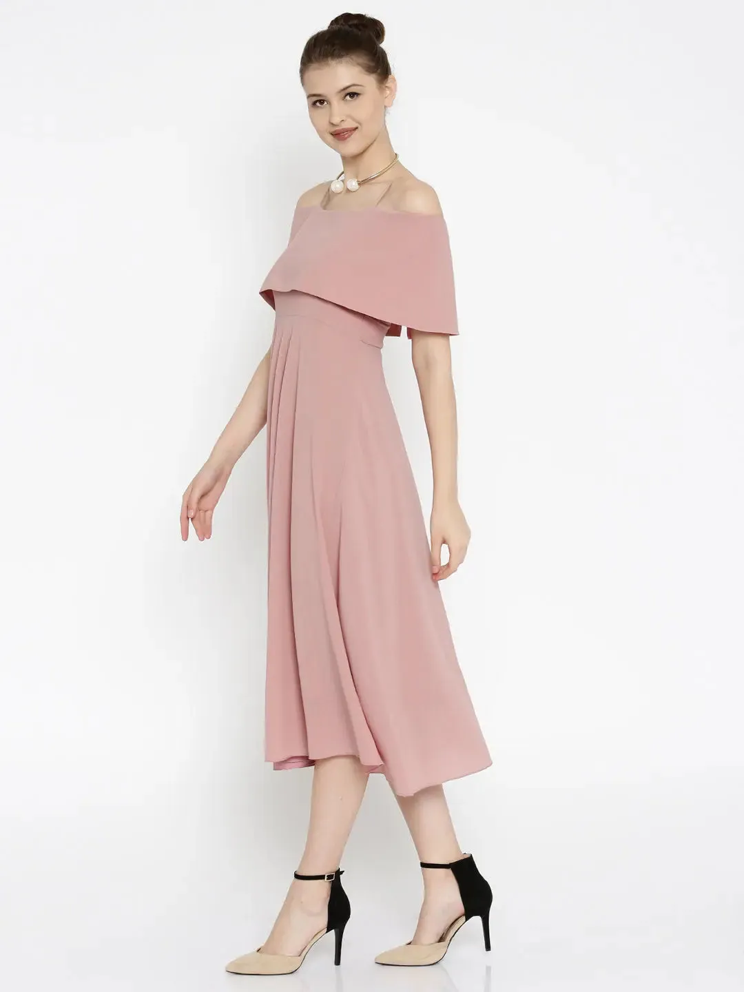 Layered Fit & Flare Pink Midi Strap Dress