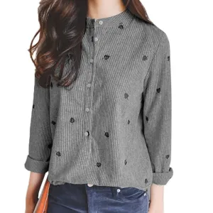 Leaves Embroidery Long Sleeve Women Blouses Shirts Ladies Casual Tops Striped Plus Size