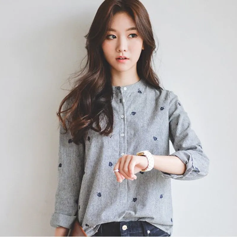Leaves Embroidery Long Sleeve Women Blouses Shirts Ladies Casual Tops Striped Plus Size