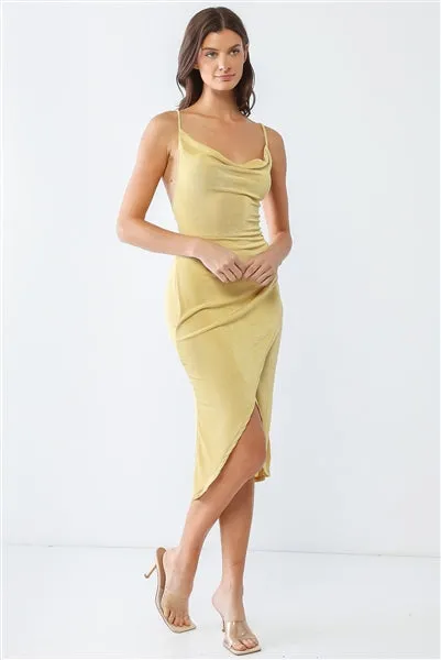 Light Mustard Cowl Neck Strappy Wrap Hem Midi Dress