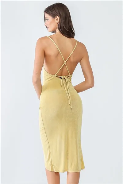 Light Mustard Cowl Neck Strappy Wrap Hem Midi Dress
