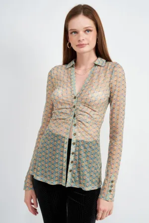 LONG SLEEVE BUTTON FRONT MESH TOP