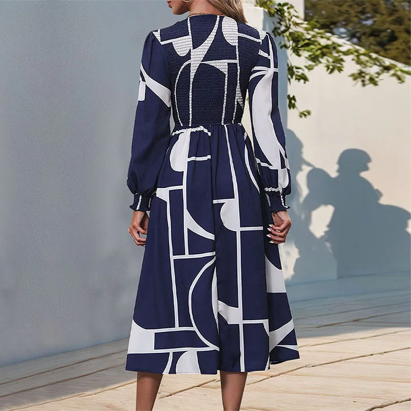 Long Sleeve Printed Smocked Dresses Wholesale Womens Clothing N3824070500037