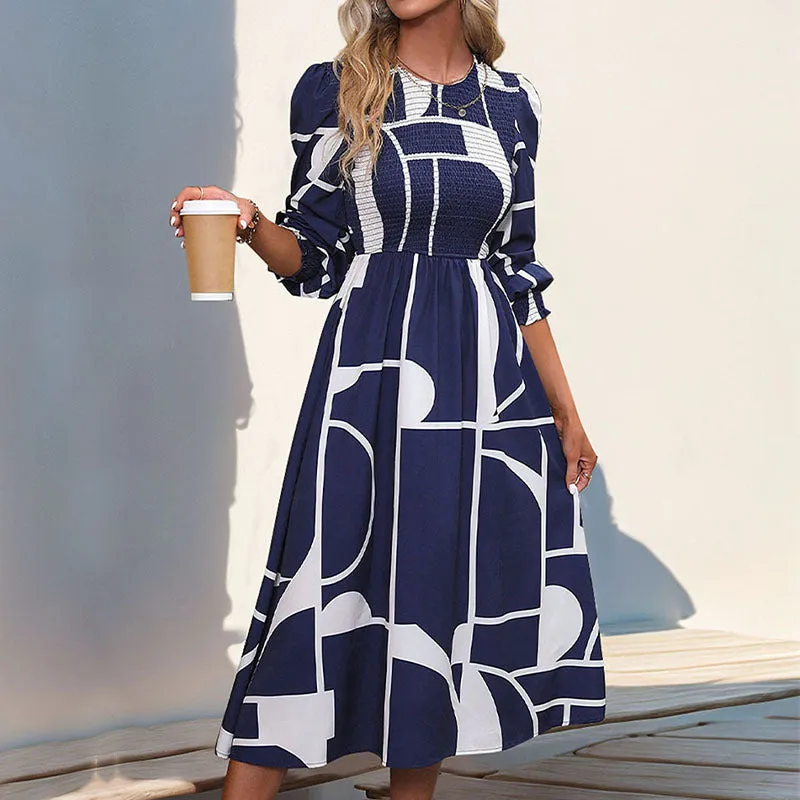 Long Sleeve Printed Smocked Dresses Wholesale Womens Clothing N3824070500037