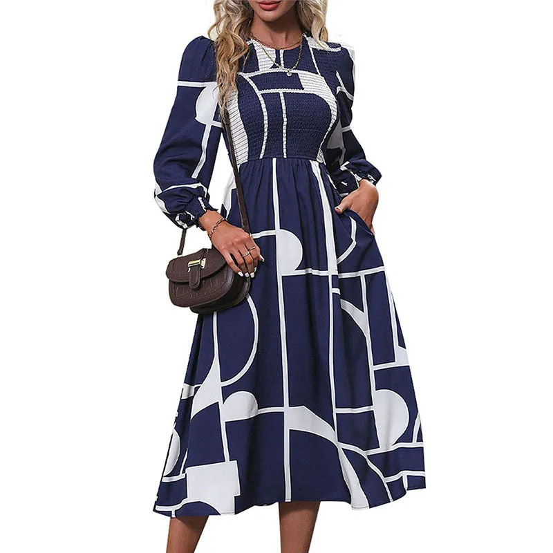 Long Sleeve Printed Smocked Dresses Wholesale Womens Clothing N3824070500037
