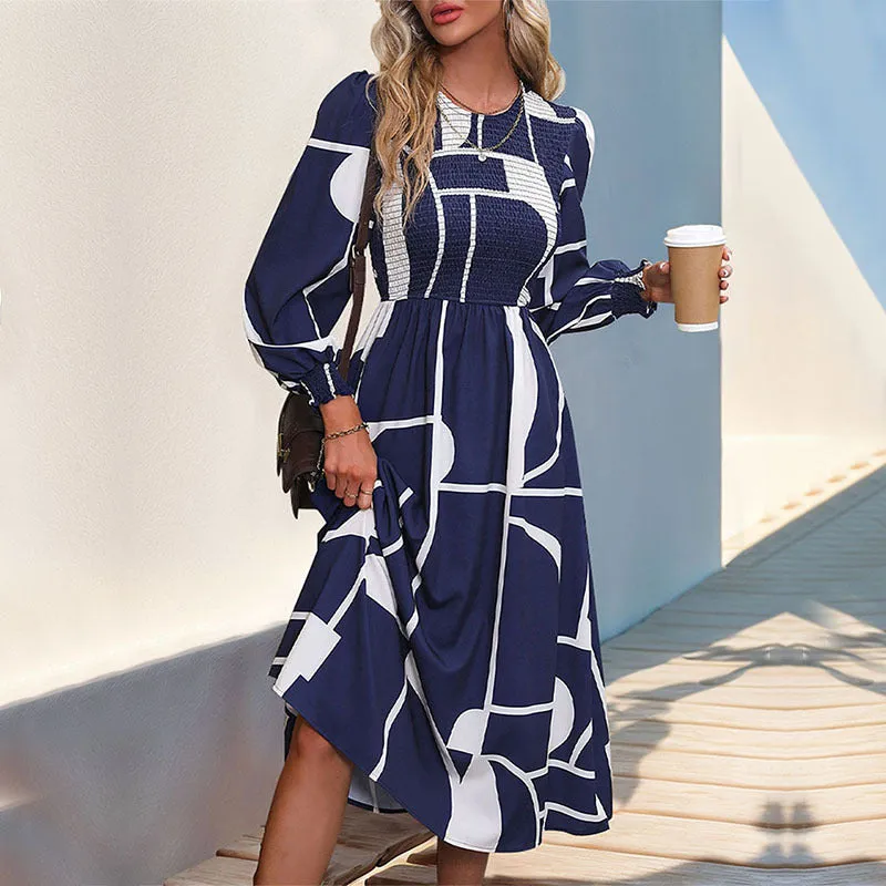 Long Sleeve Printed Smocked Dresses Wholesale Womens Clothing N3824070500037