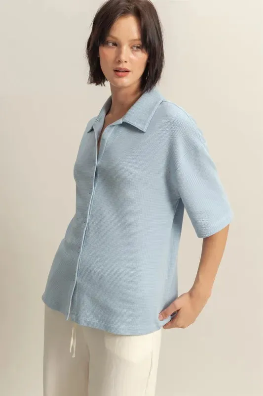 Lore Button Down Waffle Shirt - Ice Blue