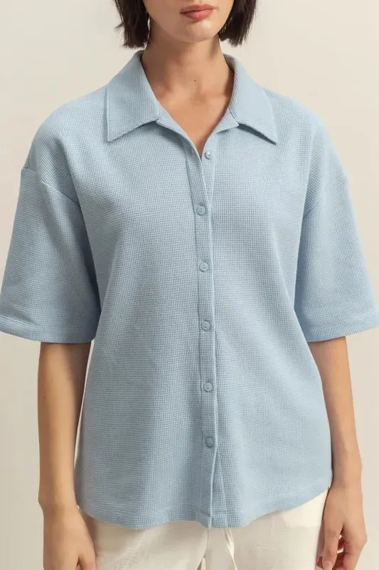 Lore Button Down Waffle Shirt - Ice Blue