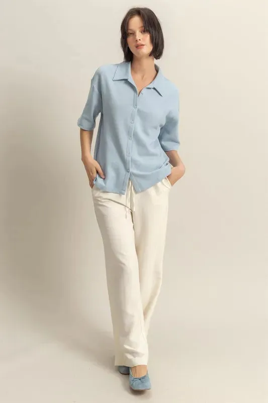 Lore Button Down Waffle Shirt - Ice Blue