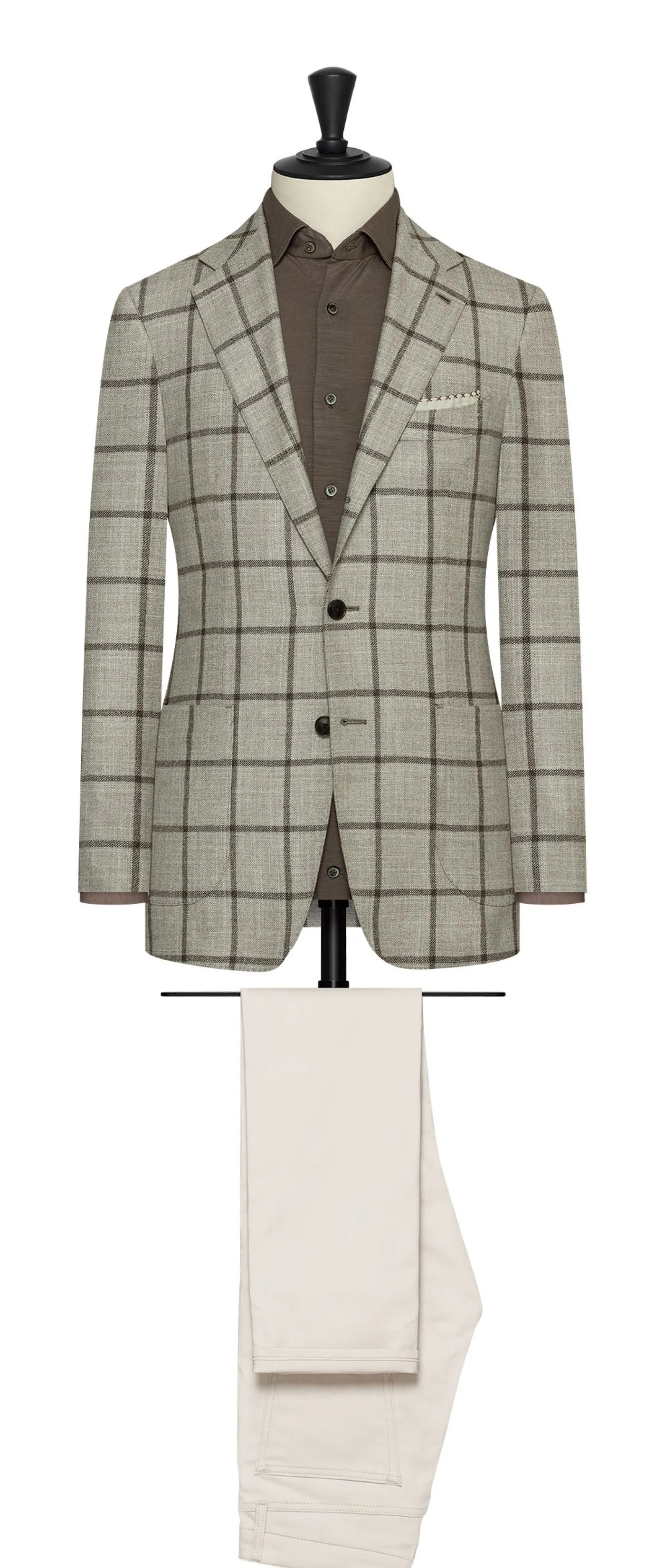 Loro Piana Bone Sharkskin Wool, Silk & Cashmere with Dark Brown Windowpane