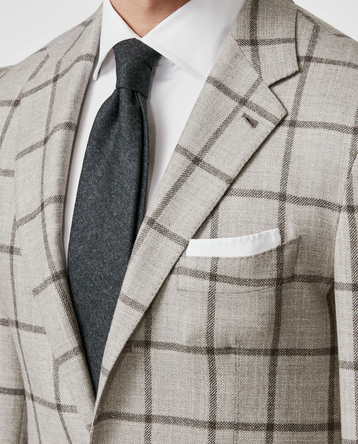 Loro Piana Bone Sharkskin Wool, Silk & Cashmere with Dark Brown Windowpane