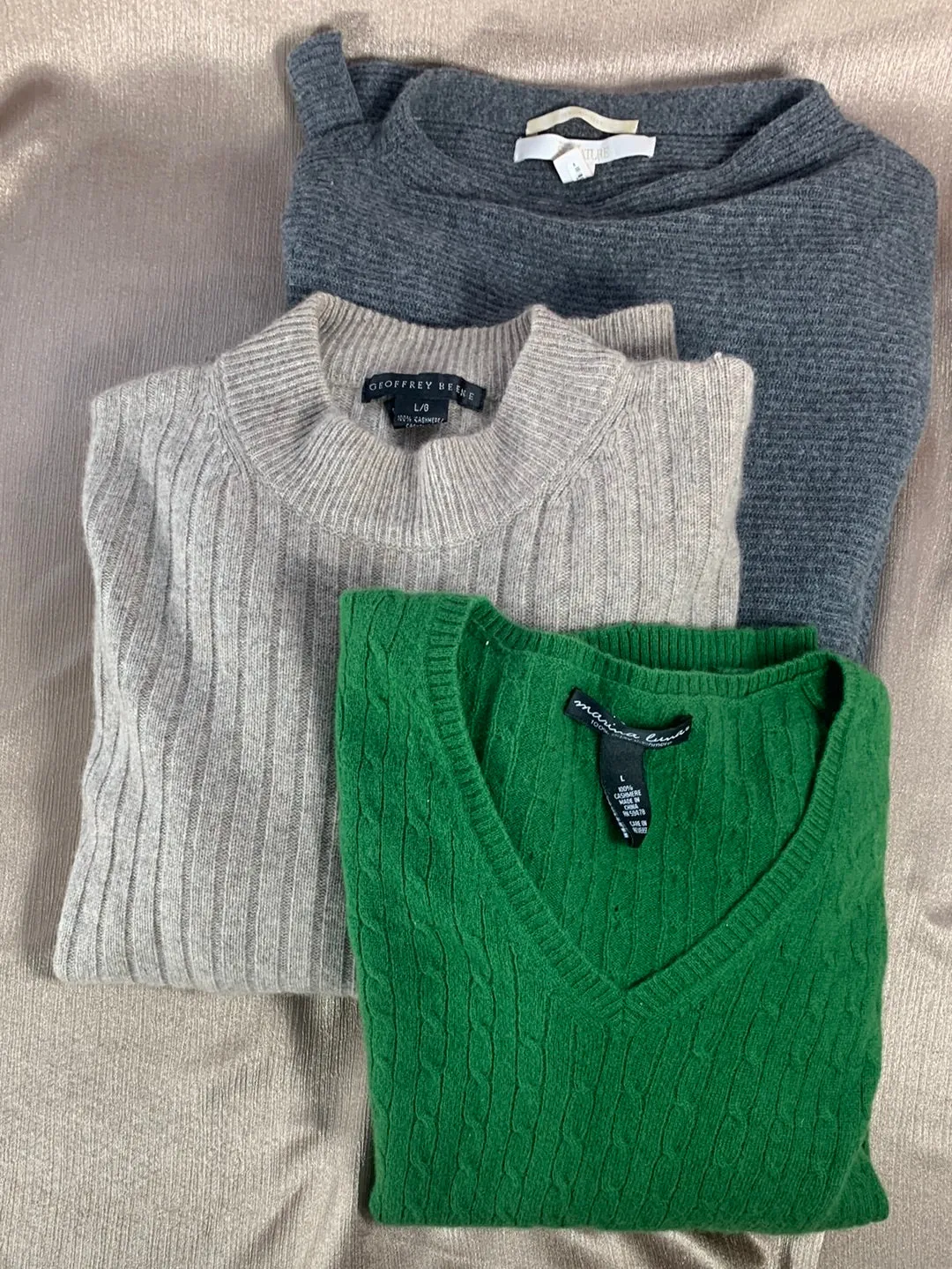 LOT OF 3 CASHMERE Sweater Upcycle Felt Craft Cutters Fabric - green tan gray