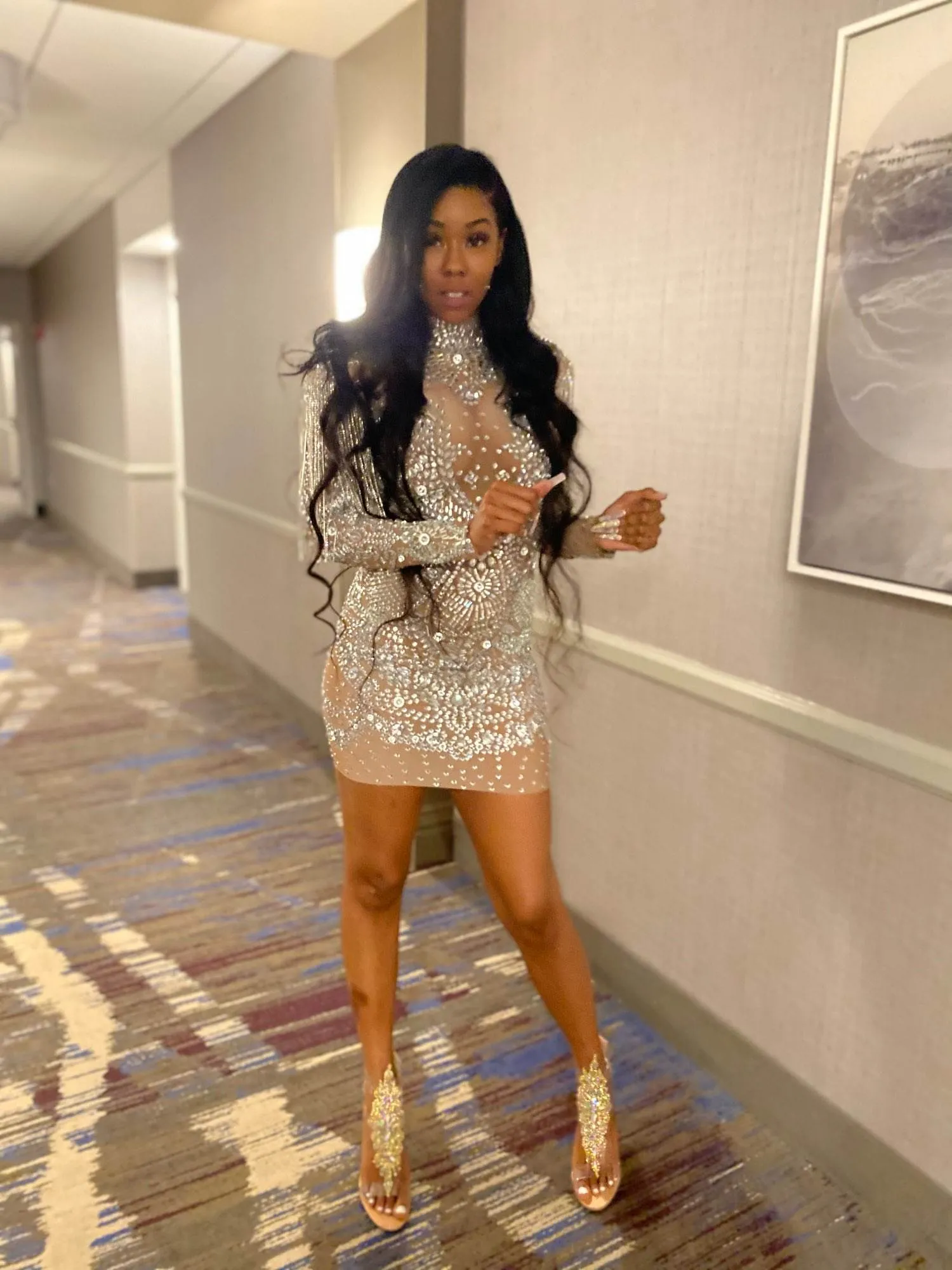 Luxury Mesh See Through Crystal Short Dress