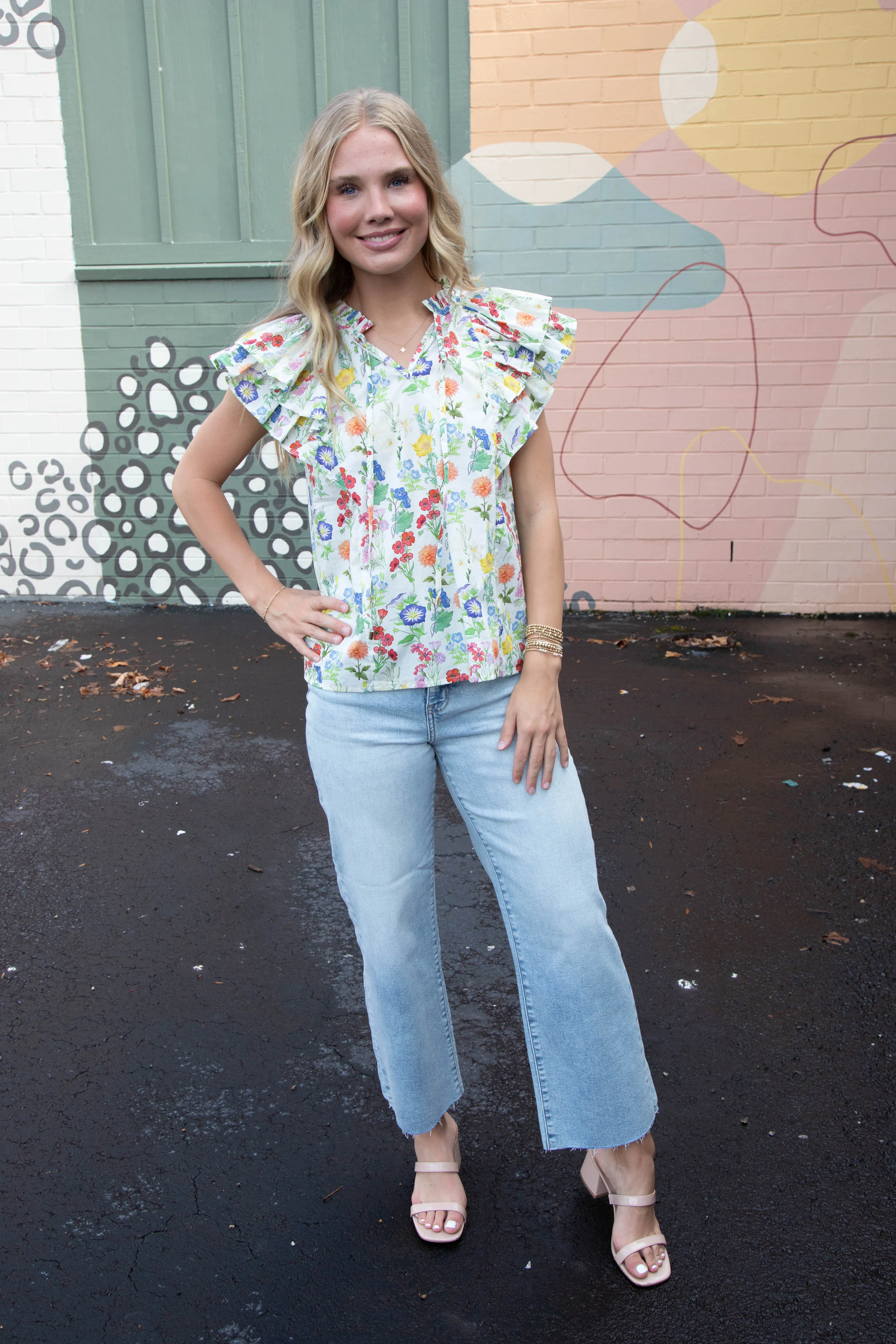 Macie Double Ruffle Sleeve Floral Top, Ivory