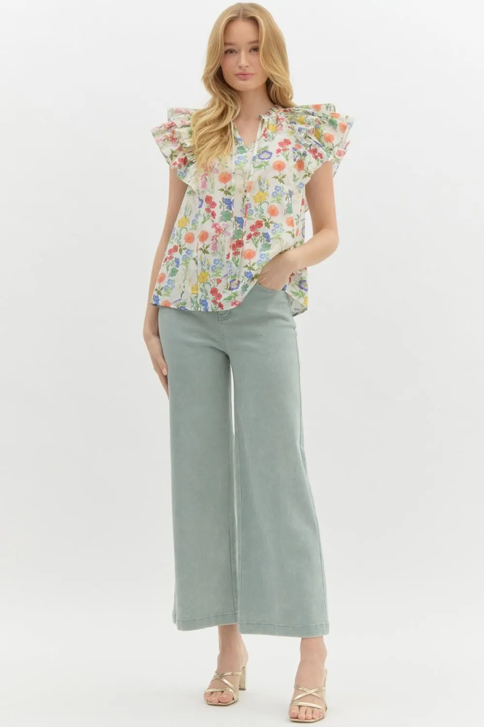 Macie Double Ruffle Sleeve Floral Top, Ivory