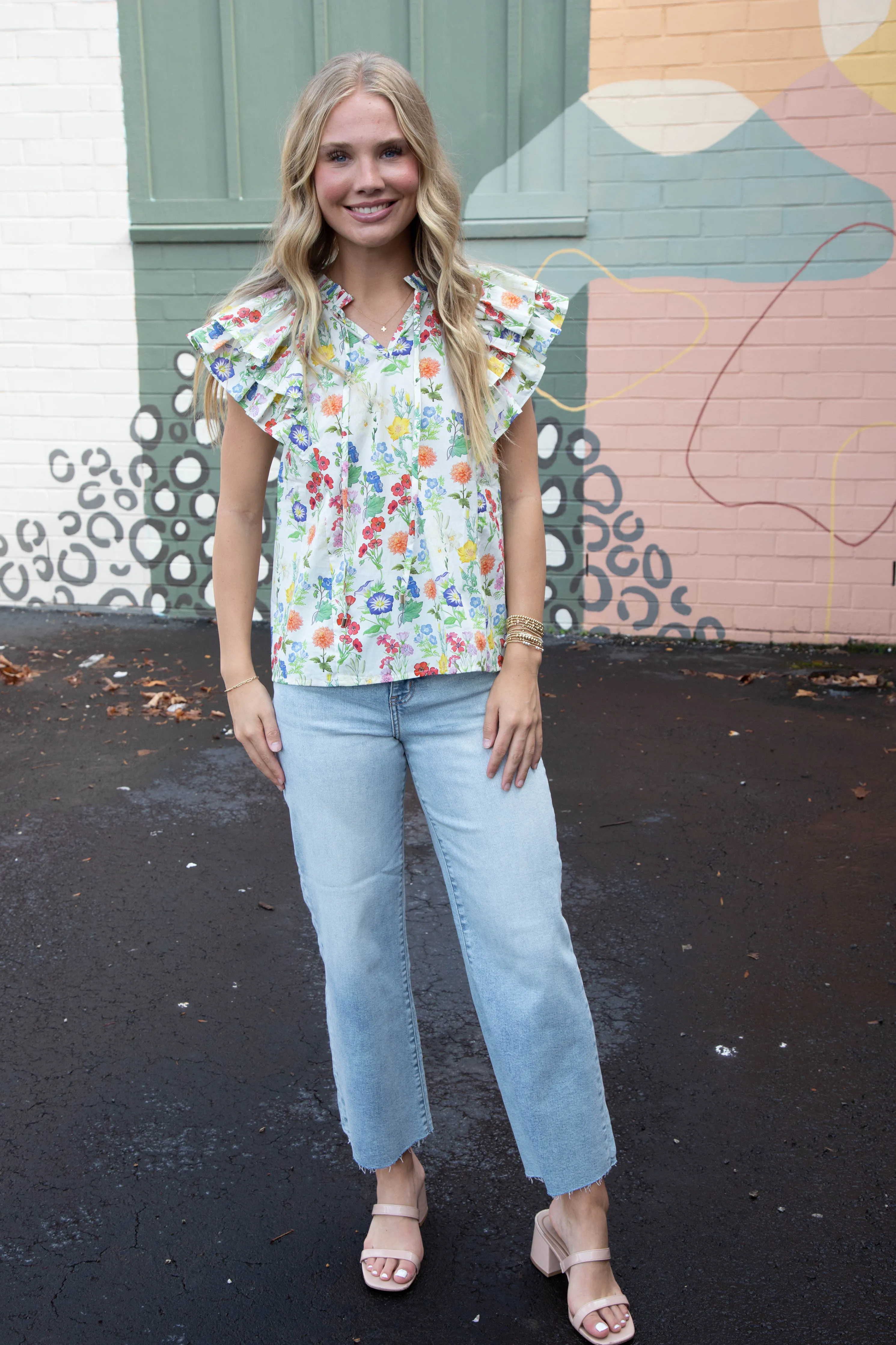 Macie Double Ruffle Sleeve Floral Top, Ivory