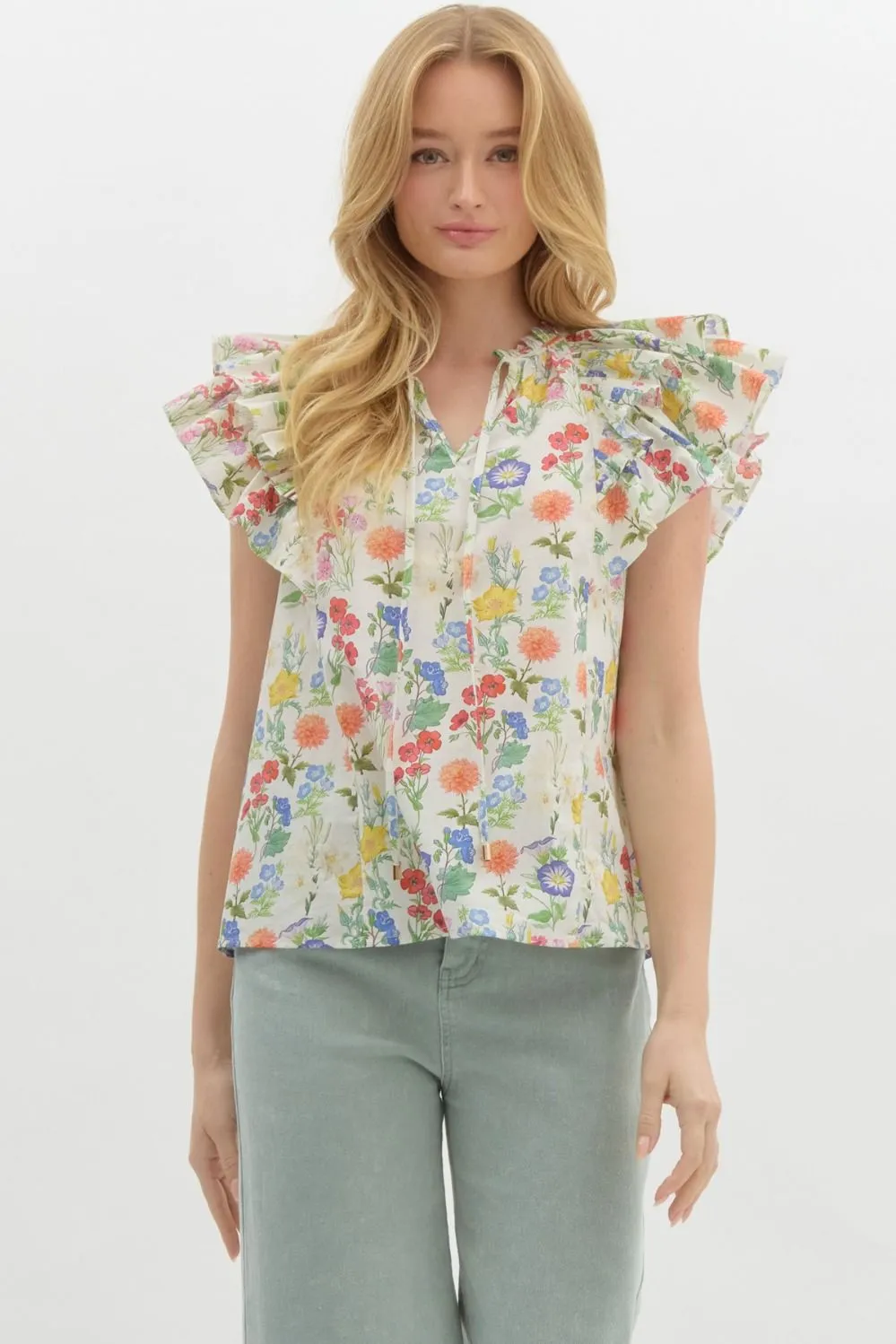 Macie Double Ruffle Sleeve Floral Top, Ivory