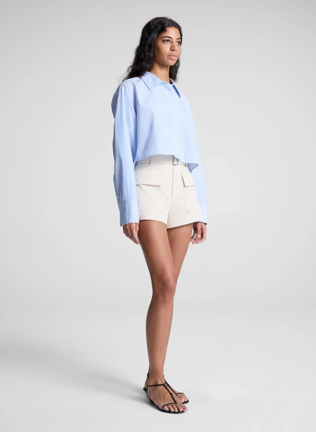 Maude Cropped Cotton Shirt - Light Blue White Stripe