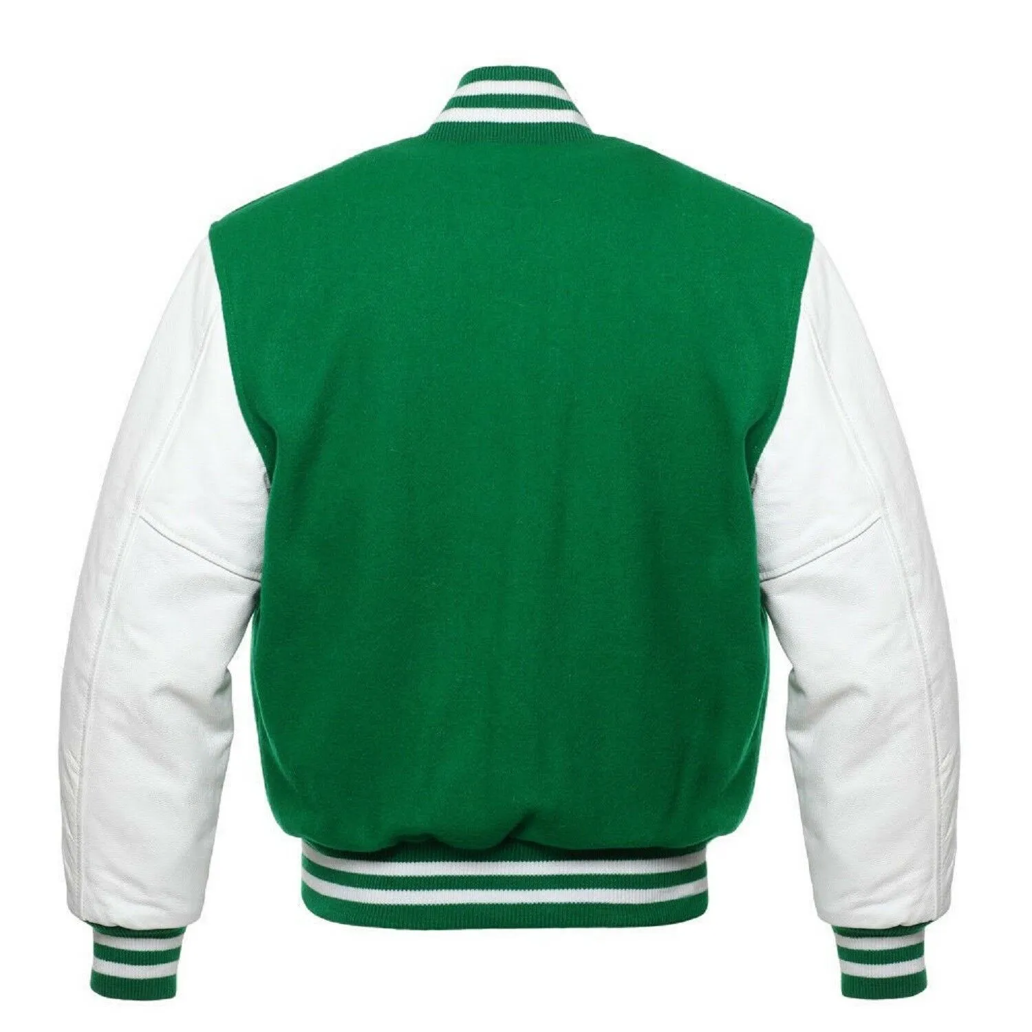 Men's Green Wool & White Real Leather Sleeves Bomber Jacket
