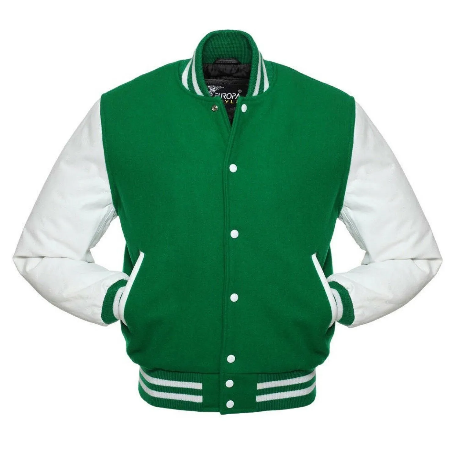 Men's Green Wool & White Real Leather Sleeves Bomber Jacket