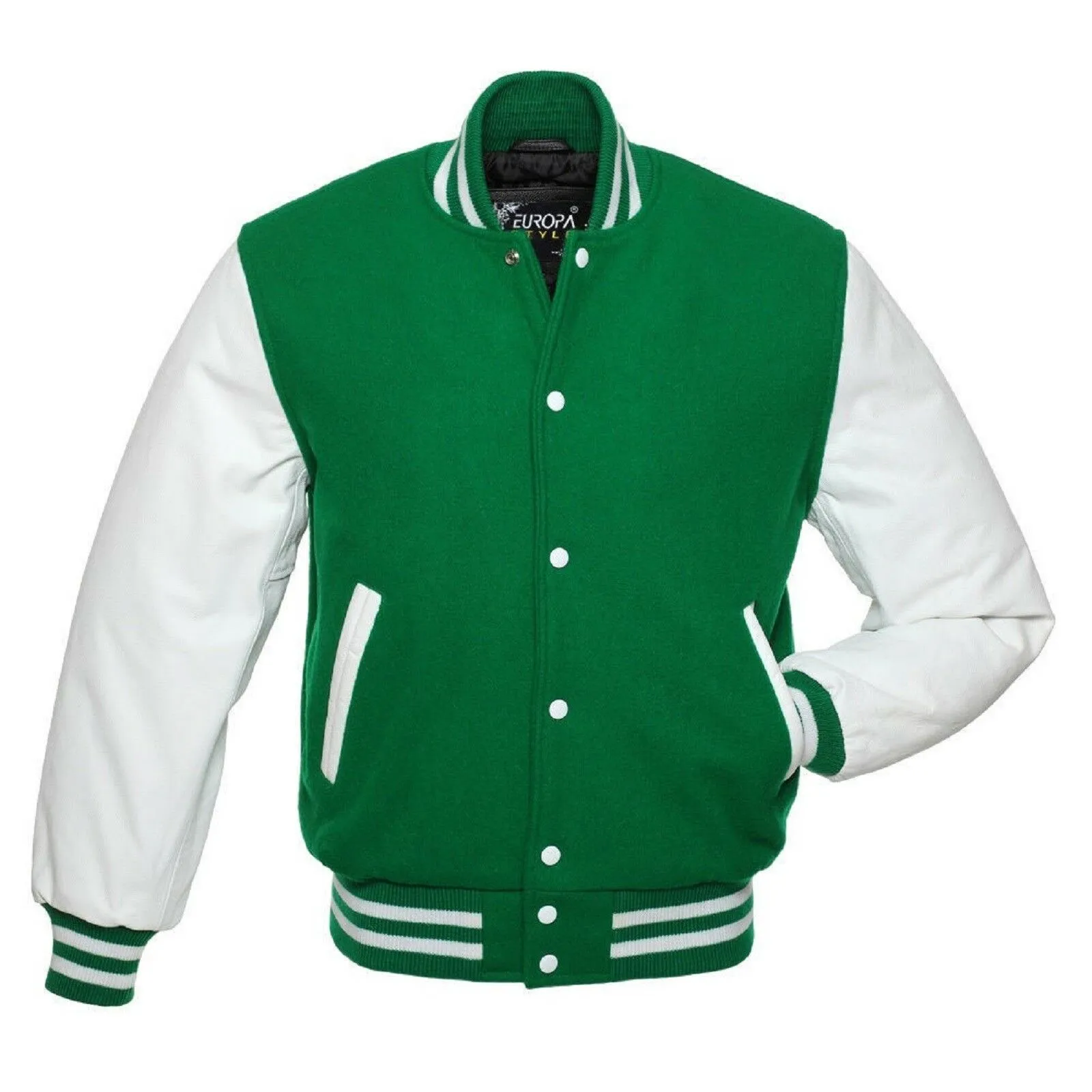 Men's Green Wool & White Real Leather Sleeves Bomber Jacket