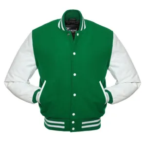 Men's Green Wool & White Real Leather Sleeves Bomber Jacket