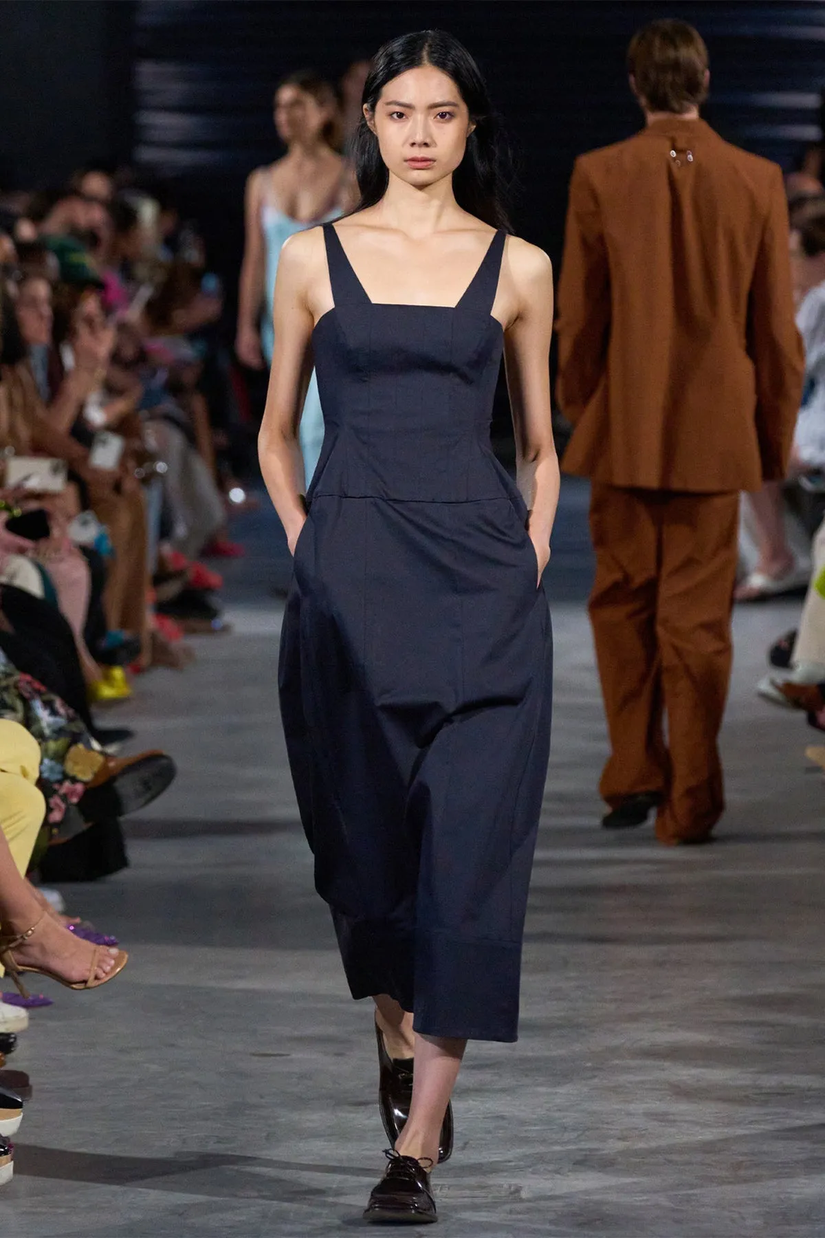 Mila Stretch Satin Corset Lantern Dress in Navy