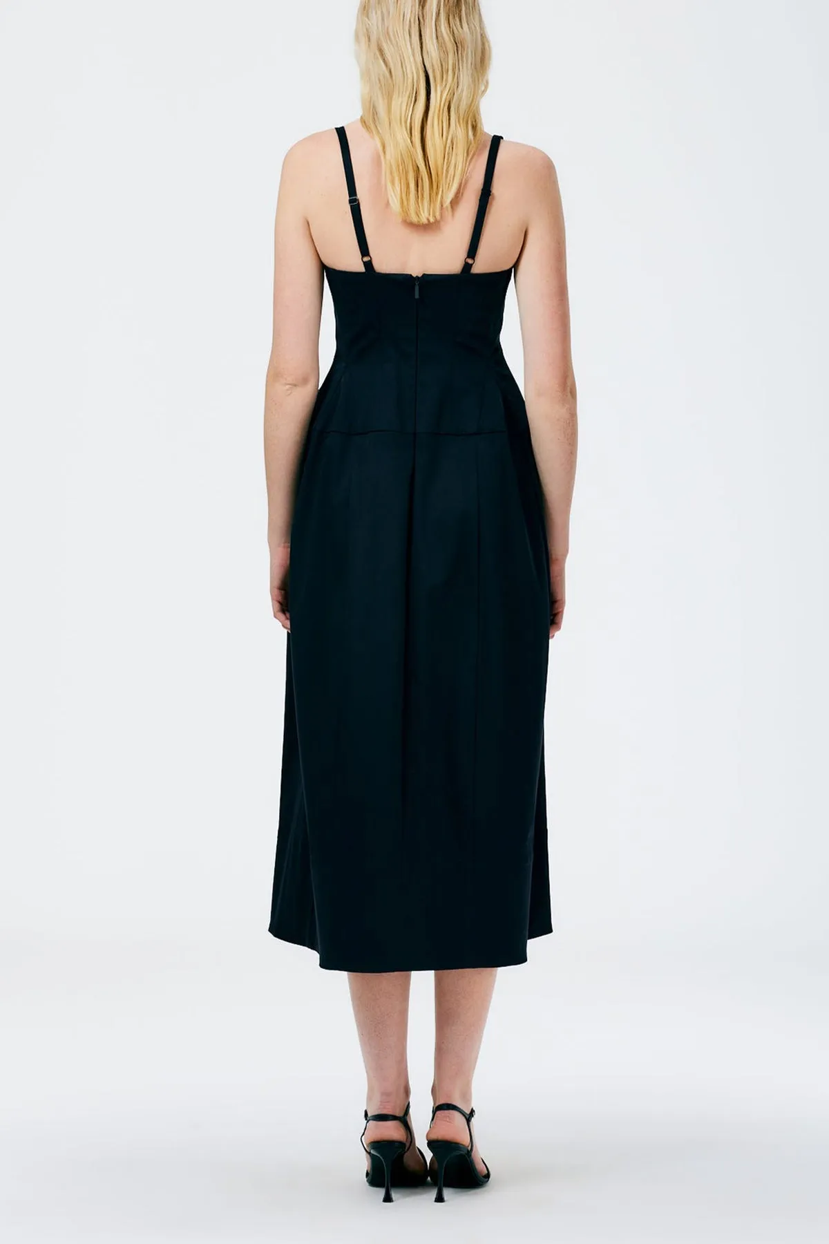 Mila Stretch Satin Corset Lantern Dress in Navy