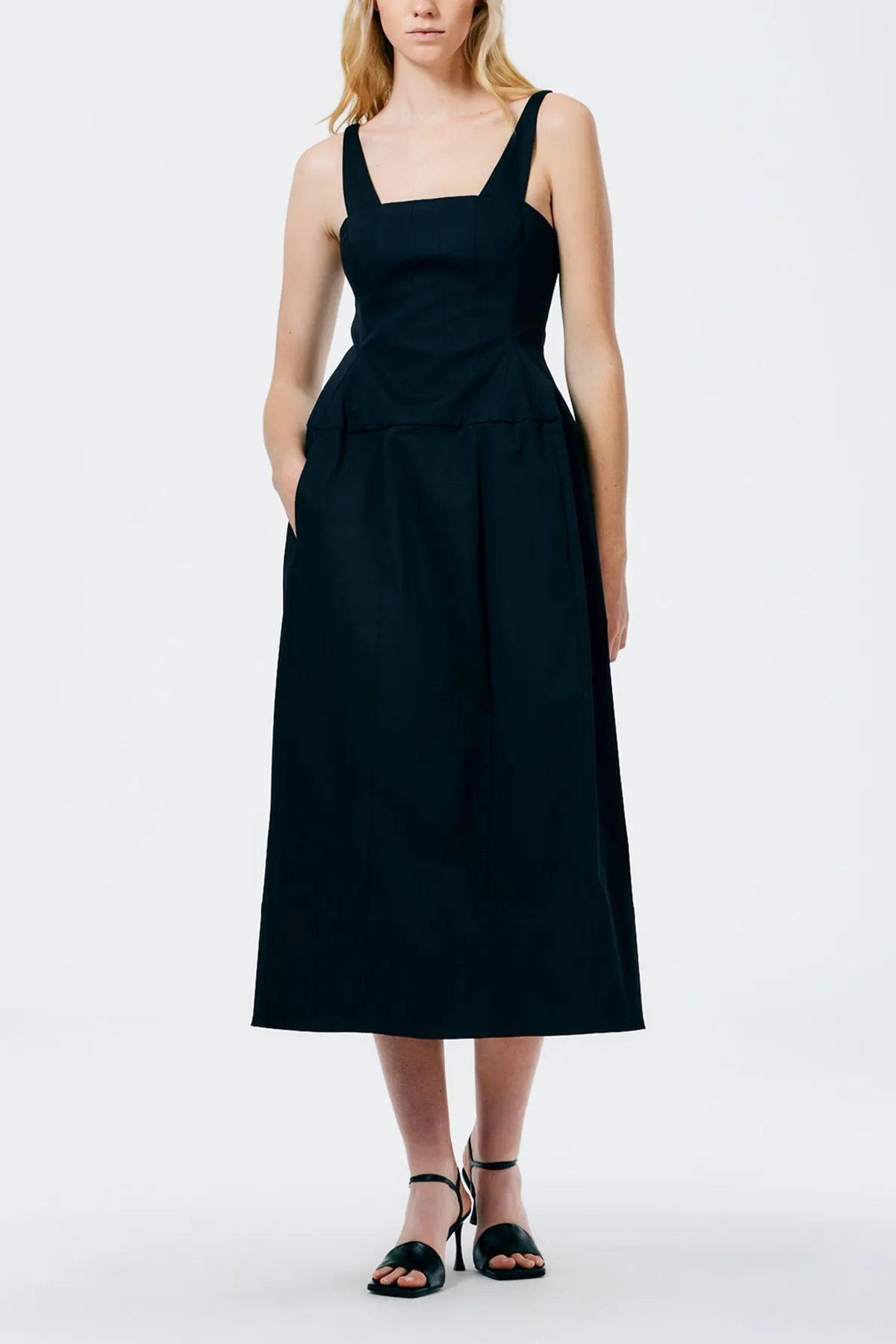 Mila Stretch Satin Corset Lantern Dress in Navy