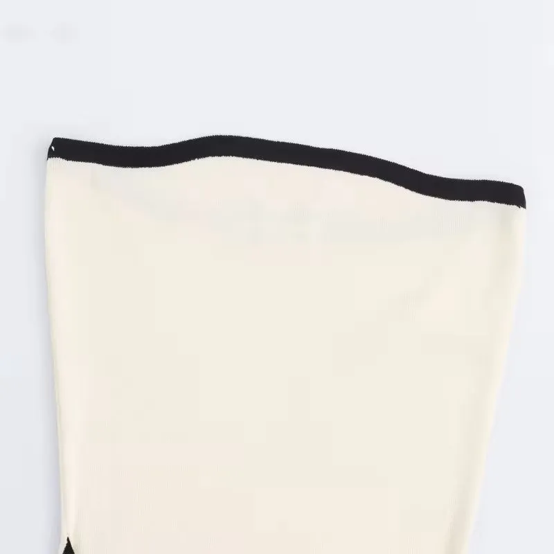 Milano Beige Knitted Contrast Color Stitching Wrap Tube Mini Dress