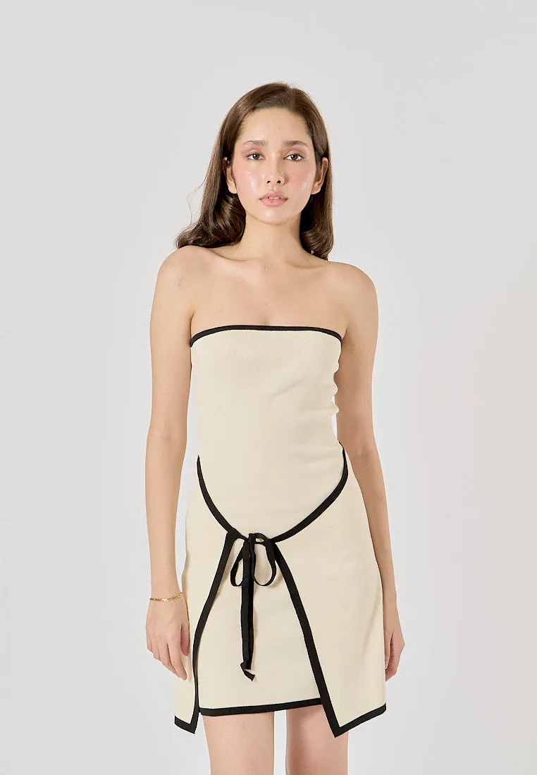 Milano Beige Knitted Contrast Color Stitching Wrap Tube Mini Dress