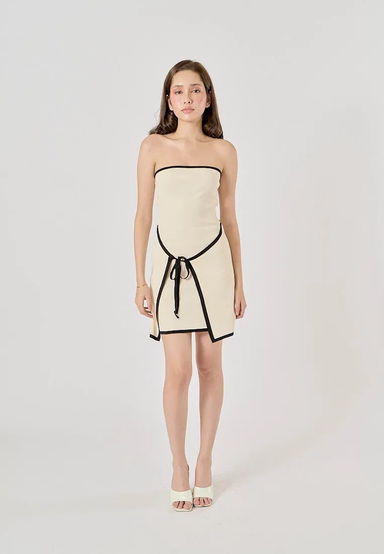 Milano Beige Knitted Contrast Color Stitching Wrap Tube Mini Dress
