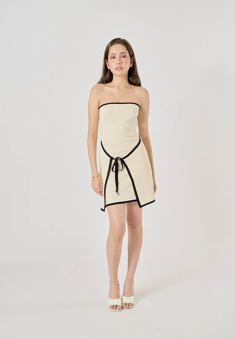 Milano Beige Knitted Contrast Color Stitching Wrap Tube Mini Dress