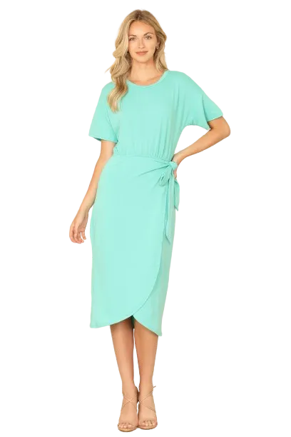 Mint Round Neck Short Sleeve Waist Tie Wrap Hem Solid Dress -  Pack of 6