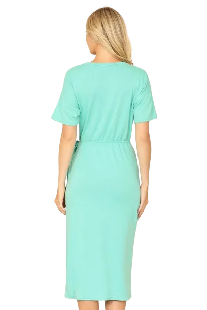 Mint Round Neck Short Sleeve Waist Tie Wrap Hem Solid Dress -  Pack of 6