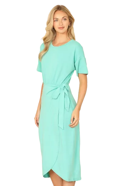 Mint Round Neck Short Sleeve Waist Tie Wrap Hem Solid Dress -  Pack of 6