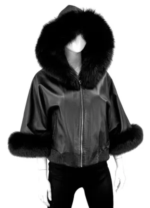 Mitchie's Matchings | Short Black Fox Trimmed Jacket with Hood | Women's